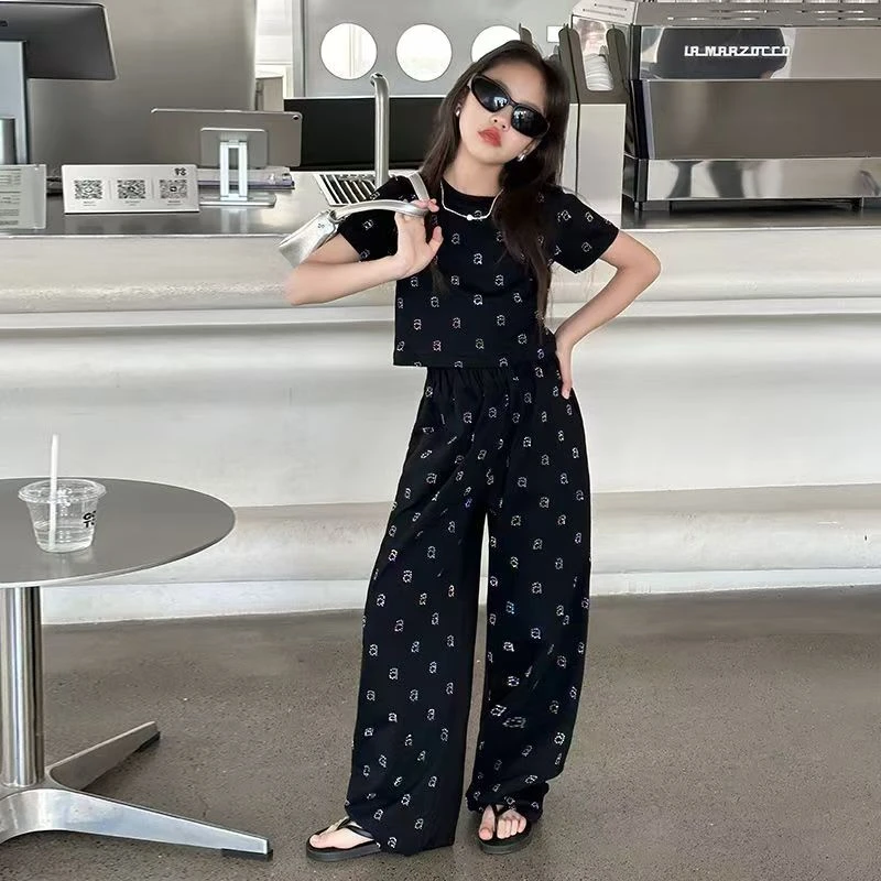 儿童套装洋气时尚休闲百搭夏季阔腿女童运动黑色宽松潮流夏装韩版