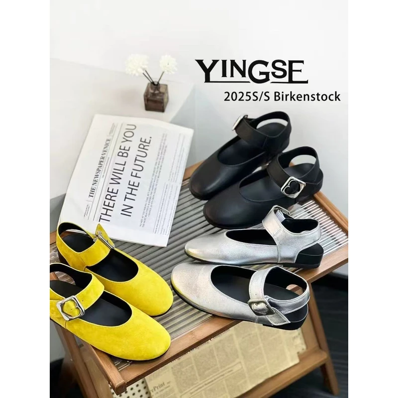 圆头一字扣带平底浅口小单鞋软底舒适新款真皮瓢鞋女