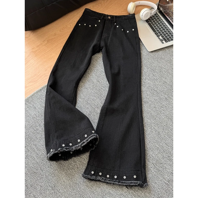 美式复古黑色毛边铆钉牛仔裤男小众高级感裤子高腰显瘦微喇直筒裤