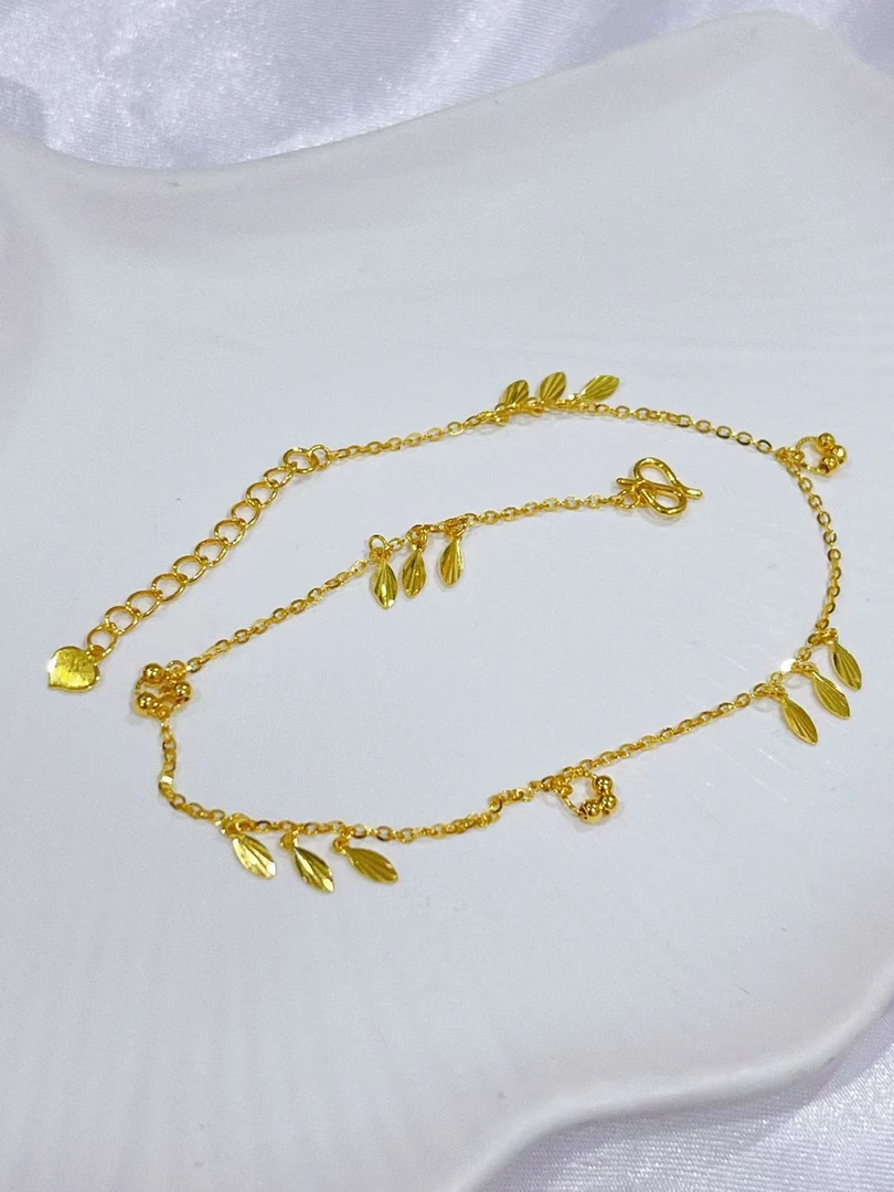 尚晶品珠宝足金999车花叶子珠珠滴溜脚链黄金时尚纯金5G工艺真金