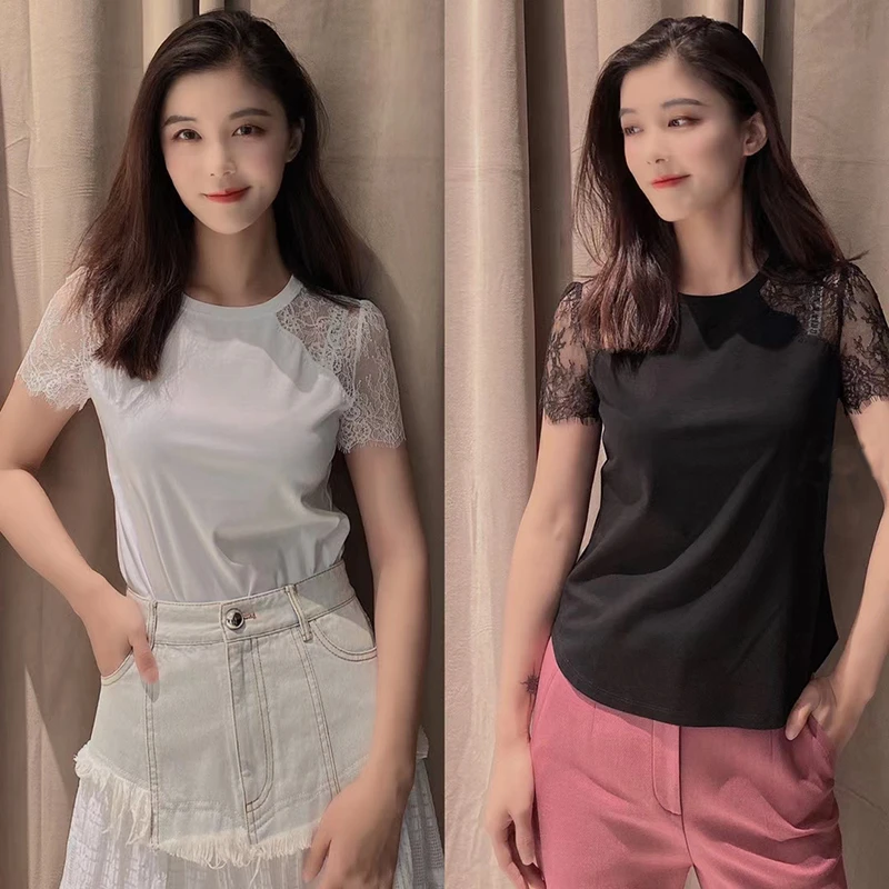 【专柜品质】夏新款修身显瘦蕾丝拼接短袖T恤上衣女摩登猫5300653