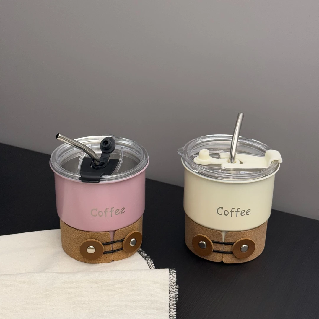【粉色/白色】304不锈钢咖啡随手杯ins户外便携美式带盖防烫吸管杯