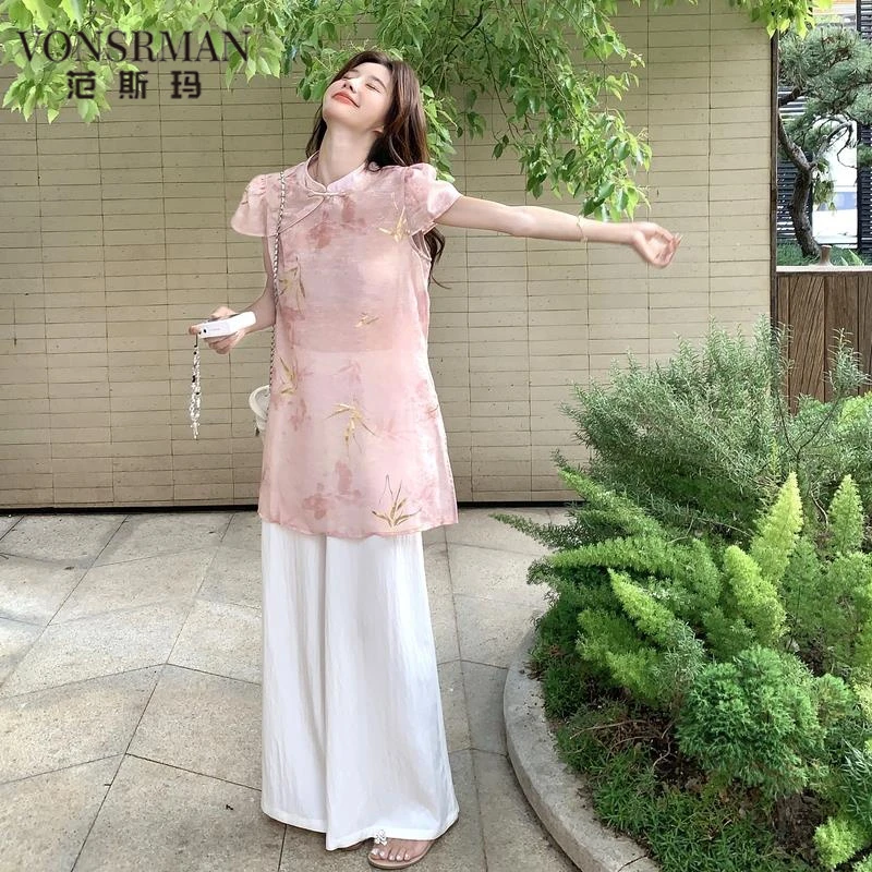 新中式国风套装女2025夏季新款时尚盘扣立领衬衫阔腿裤两件套潮