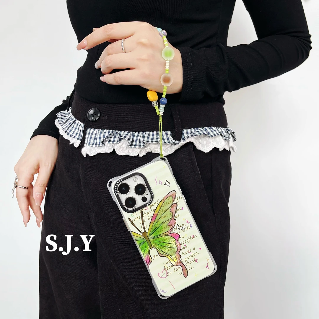 时尚高级感彩蝶四角带孔手机壳斜挎链条适用于苹果华为手提小米15