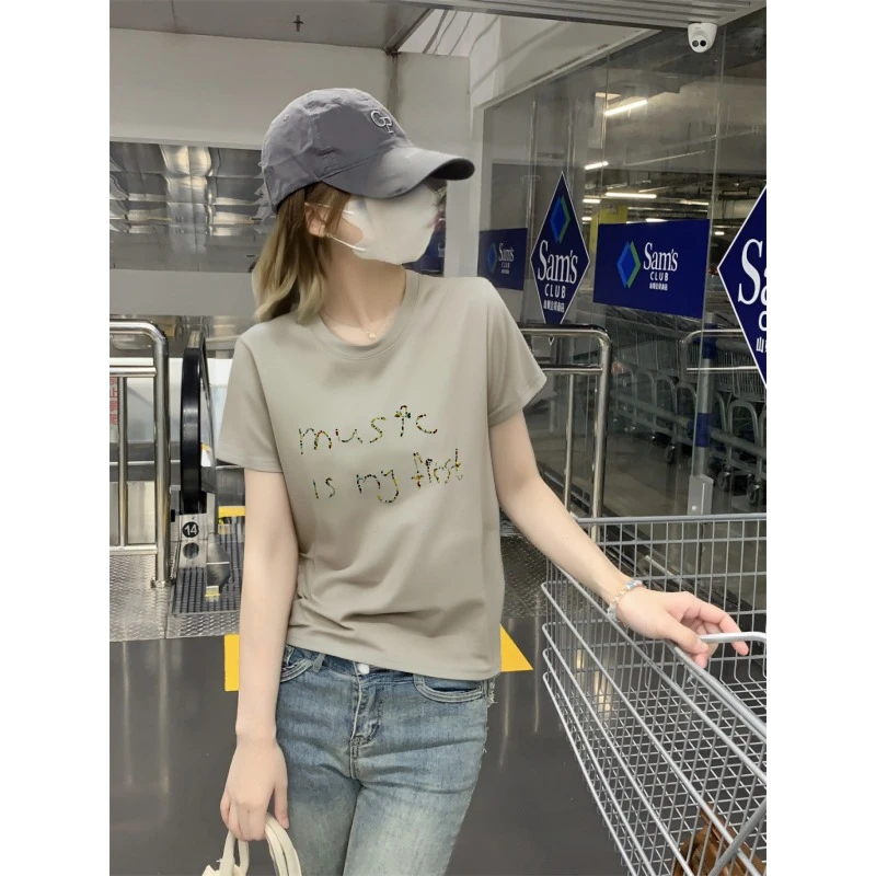 韩系圆领刺绣字母短袖t恤女2025春夏新款白色上衣印花体恤衫修身