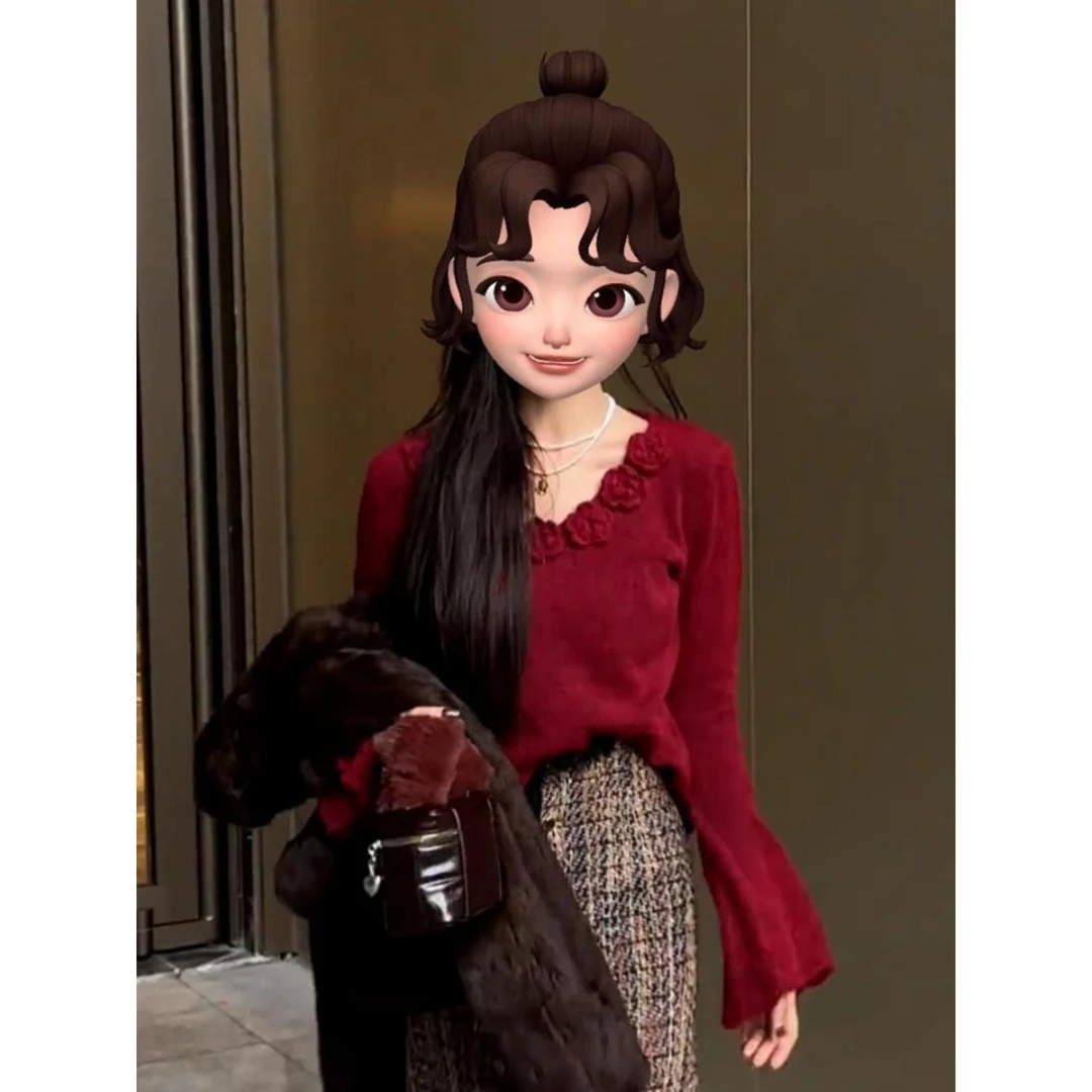 法式温柔风立体花朵圣诞红色针织衫毛衣女秋冬新款内搭打底衫上衣