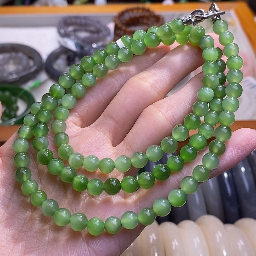 颈饰未镶嵌和田玉碧玉银镶猫眼项链6MM