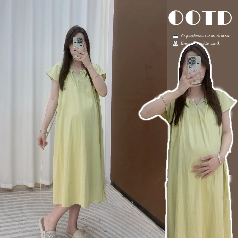 清！夏季孕妇法式显瘦休闲宽松大码过膝连衣裙