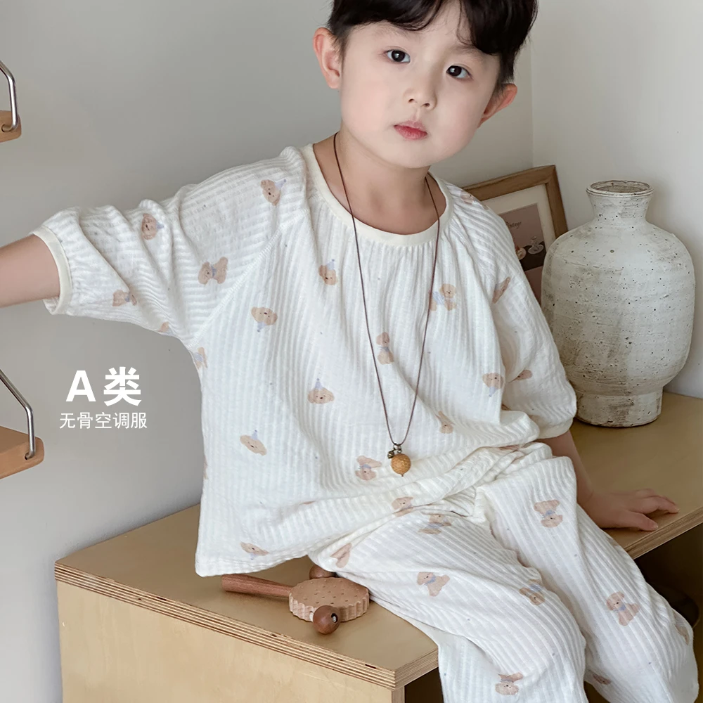 儿童睡衣男孩2025新款夏季韩版a类纯棉纱布女童小宝宝家居服套装