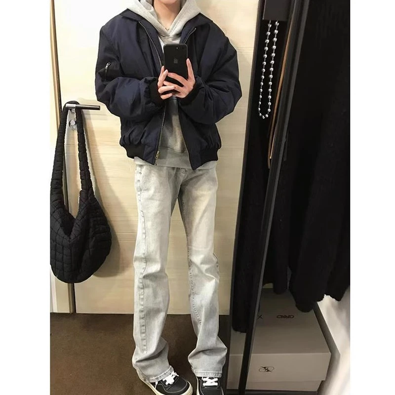 水泥烟灰色牛仔裤男修身显瘦cleanfit裤子美式高街vibe直筒微喇裤