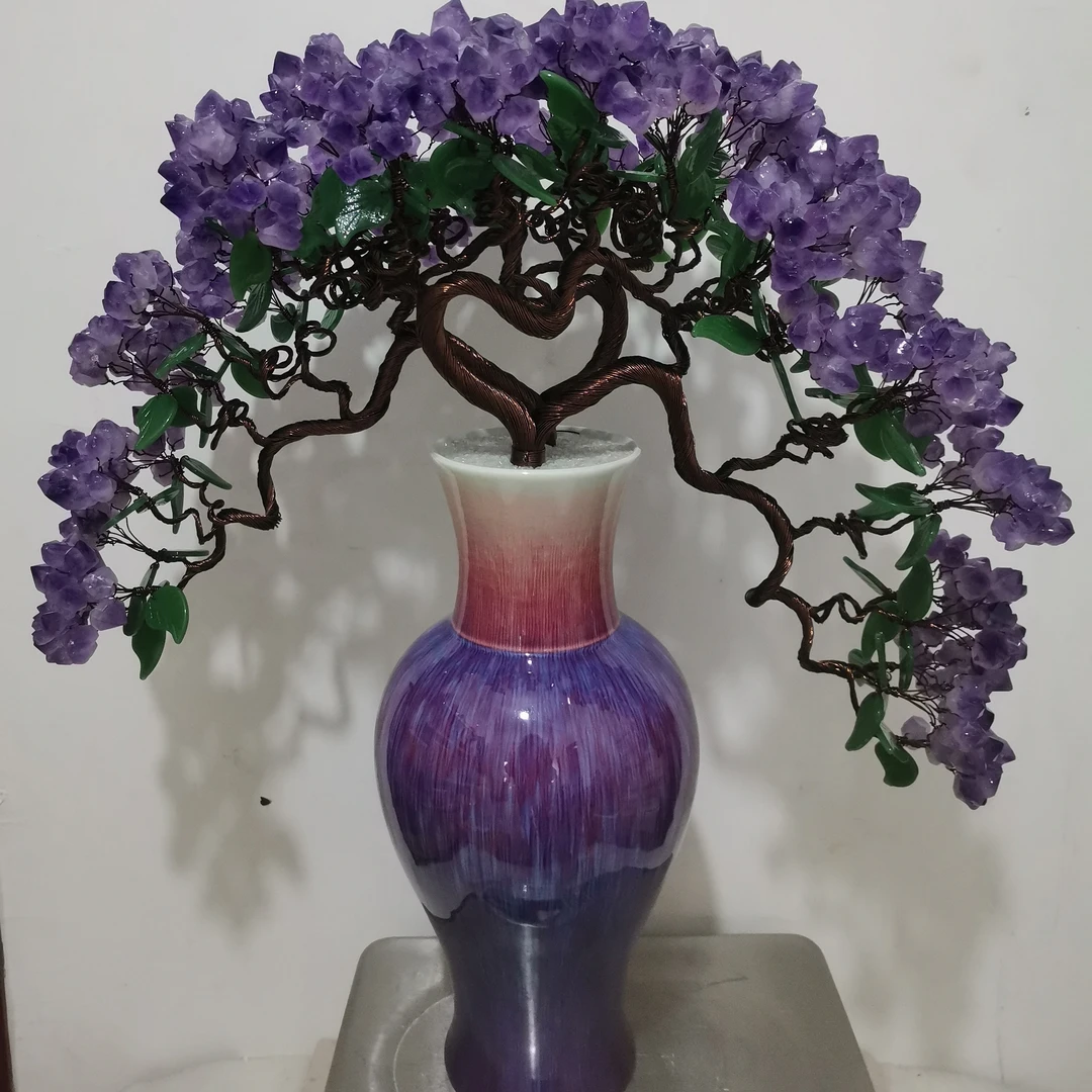 【卓越轻奢原创】大红大紫紫水晶树摆件陶瓷迎客松摆件纯手工