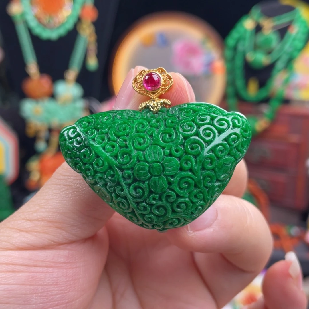 翡翠颈饰银S925镶嵌花青如意吊坠