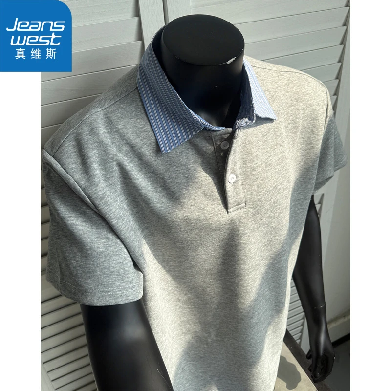 真维斯男式衬衣领短袖体恤夏季假两件衬衫领短袖潮牌宽松拼接T恤
