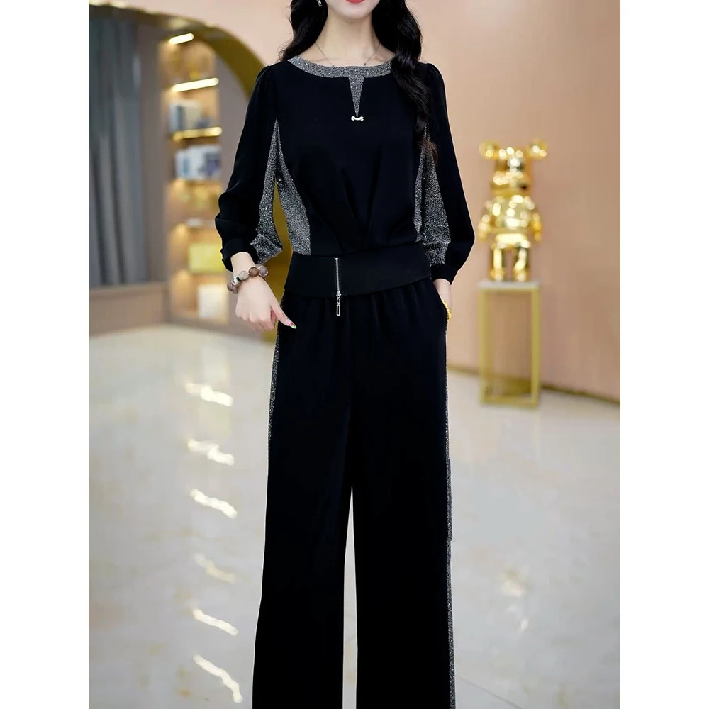 时尚轻奢气质套装2025秋季新款设计感拼接遮肉显瘦上衣+直筒裤子