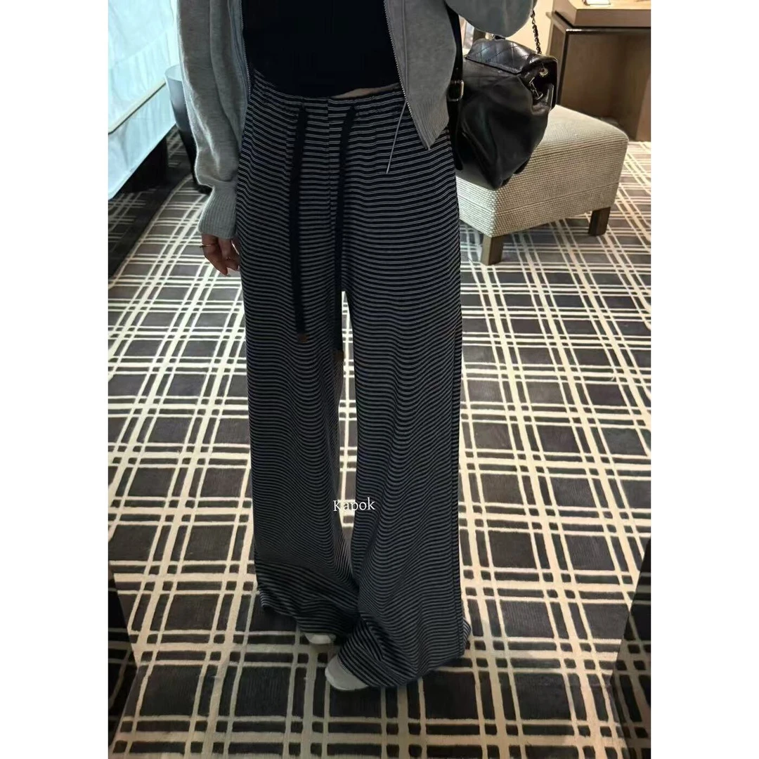 J-25721#KAPOK#巨显瘦显腿长!韩系抽绳慵懒条纹长裤休闲裤（福利）