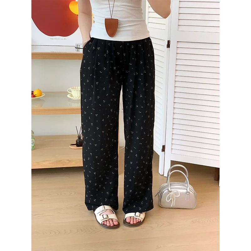 黑色小碎花女宽松直筒裤子夏季新款小个子梨型身材垂感阔腿休闲裤