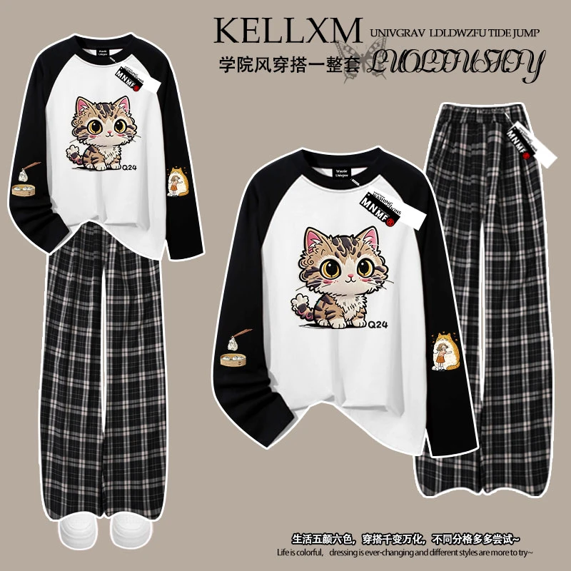 女童秋季新款设计感仿刺绣卡通可爱猫咪插肩长袖t恤格子裤套装潮