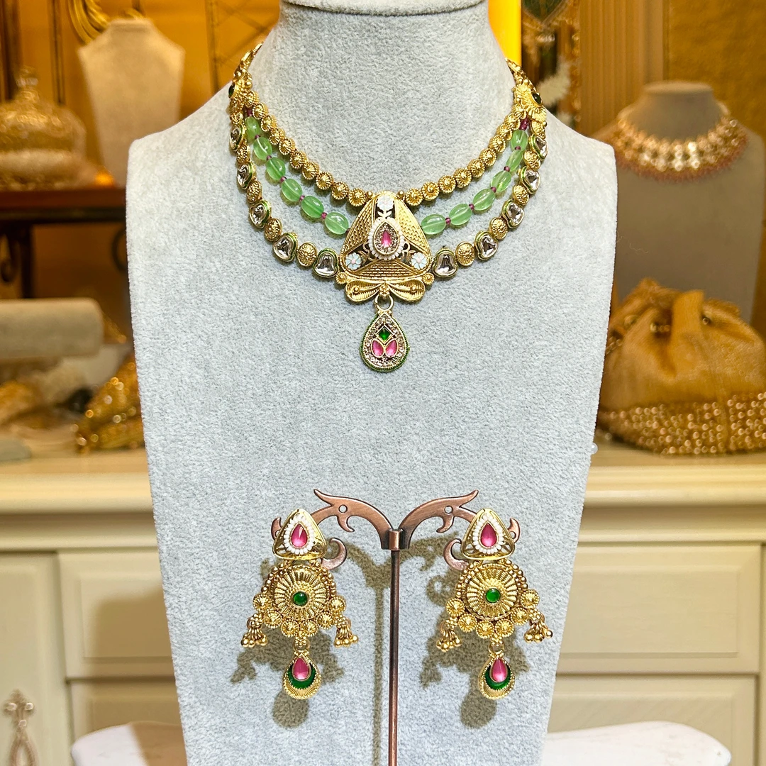 铜合金玻璃项链 【04153】印度印巴项链套装双色彩色金色古风复古