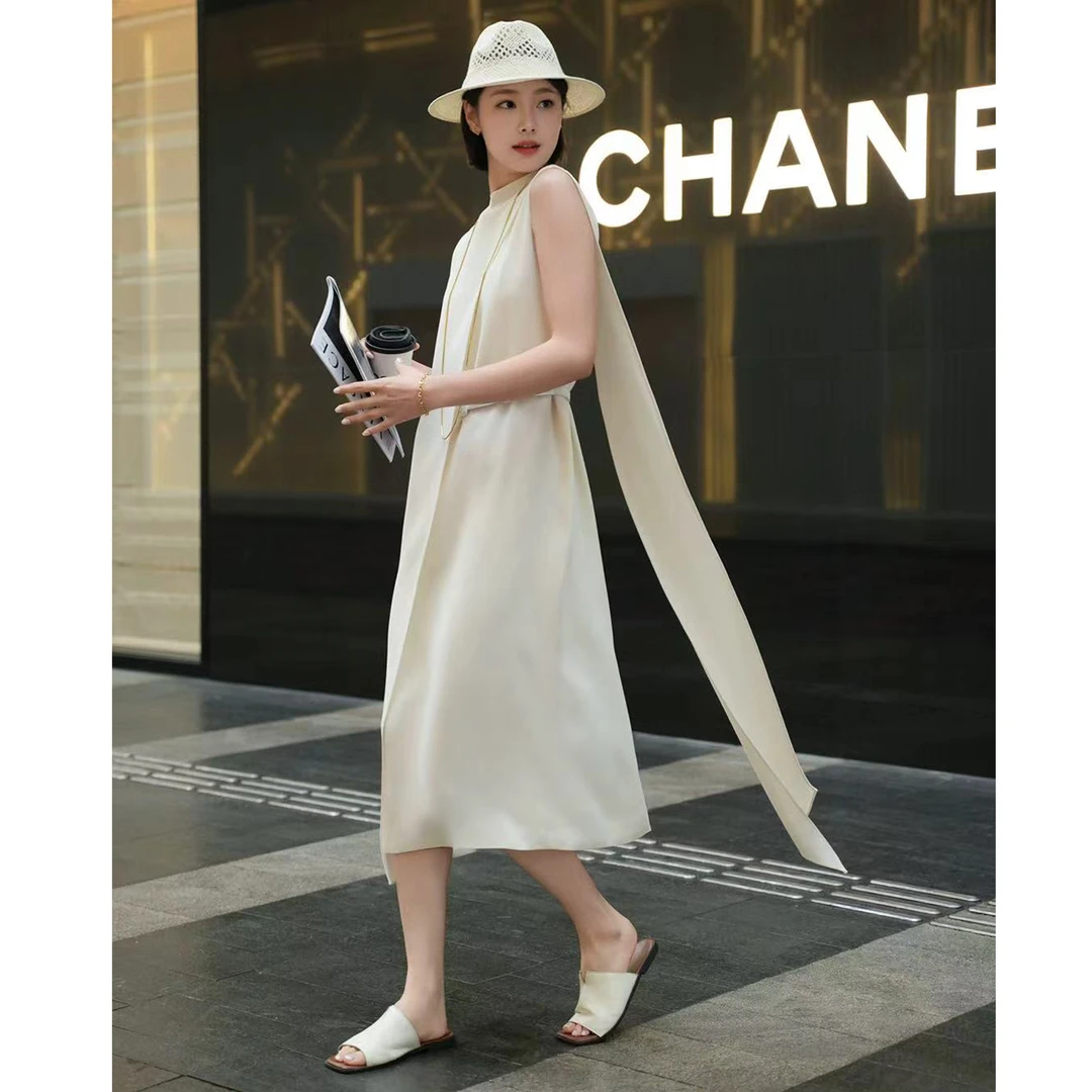 高端法式优雅气质直筒连衣裙女夏季新款高级感醋酸麻无袖宽松长裙