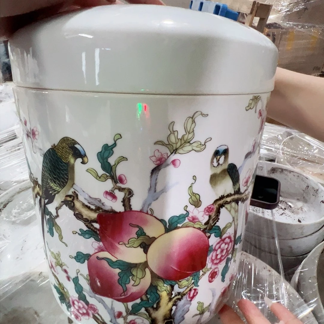 瓷片景德镇陶瓷粉桃米缸一只