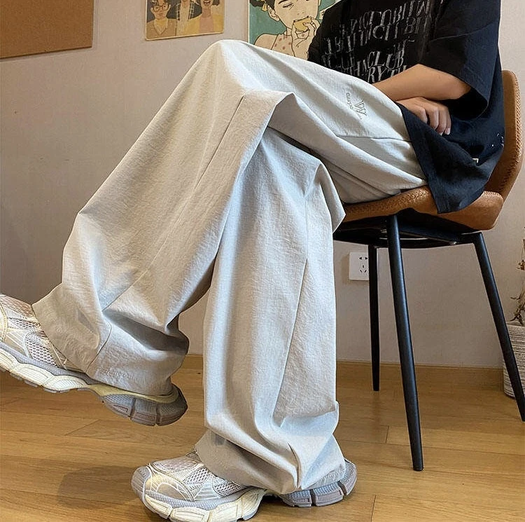 美式潮牌宽松直筒运动裤筒裤长裤夏季凉感冰丝裤子薄款坠感休闲裤