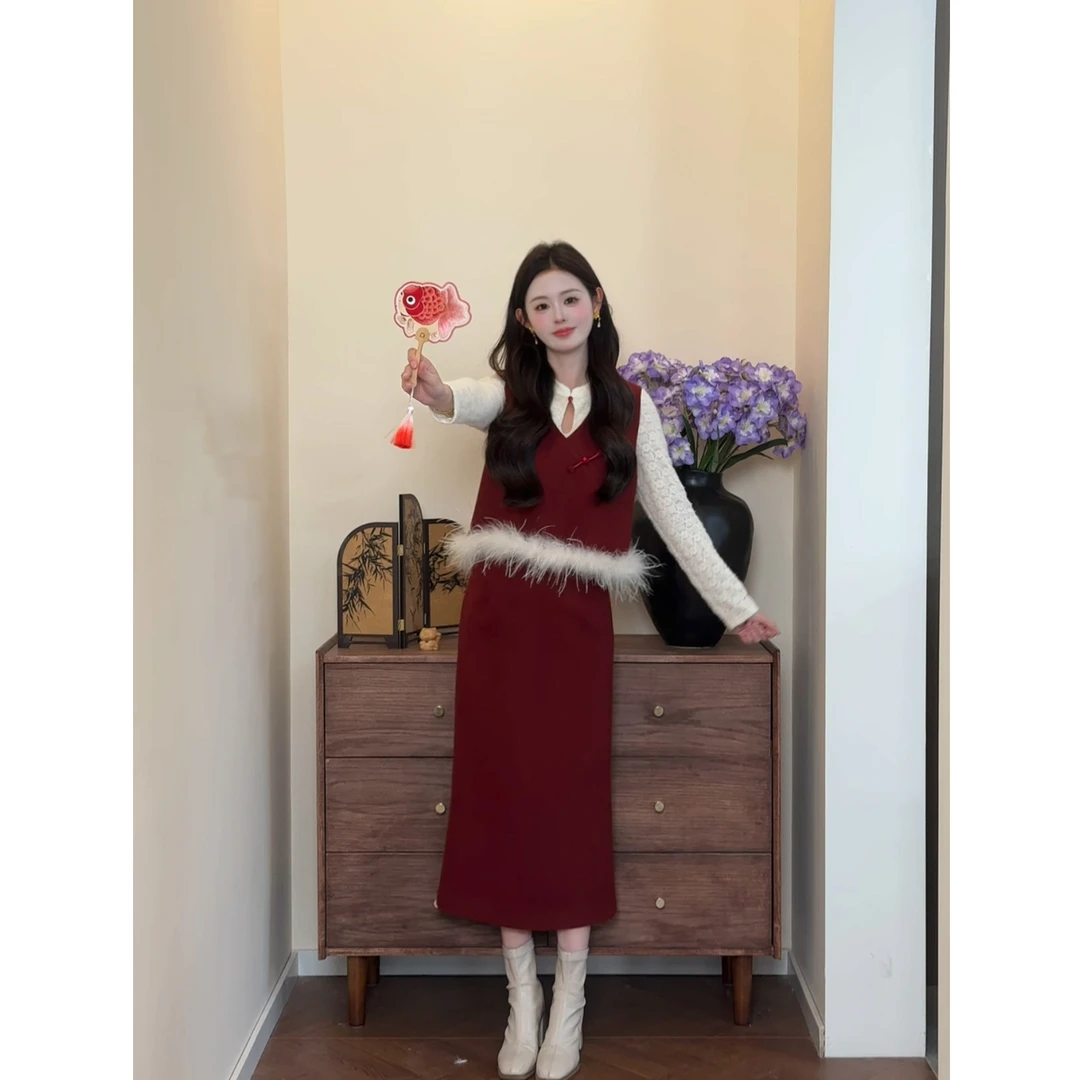 【愿如意】<77>新中式毛毛拼接马甲+半身裙套装XMZH9479