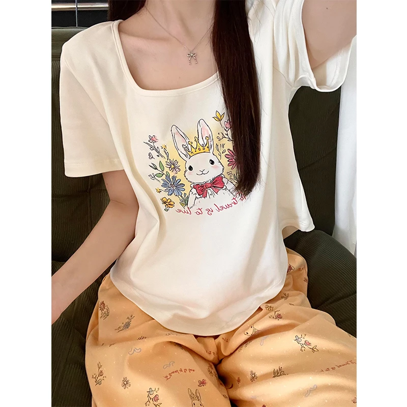 【花卉兔子】甜美可爱短袖睡衣女夏季新款长裤休闲家居服套装可外穿
