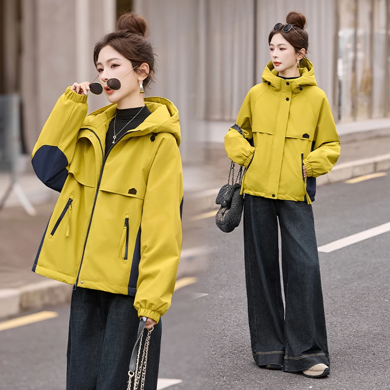 户外休闲连帽撞色棉衣外套女2025秋冬新款加绒加厚派克服夹克上衣