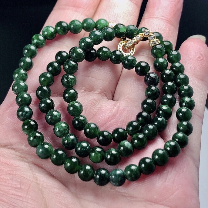 缅甸天然翡翠A货，老坑满绿圆珠项链手链卡5.6珠、花青种翡翠珠串