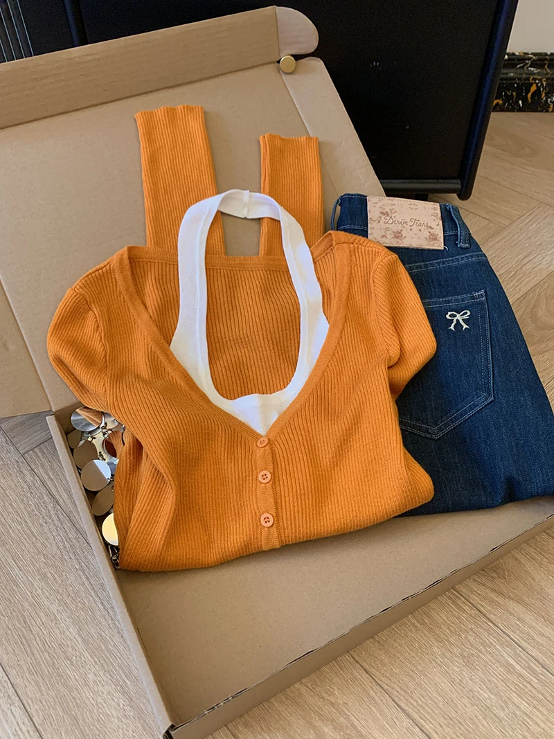 韩系百搭挂脖拼接假两件修身长袖打底衫女新款时尚显瘦洋气上衣潮