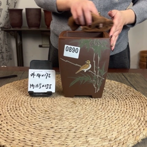 紫砂花盆紫玉金砂纳福竹鸟0890