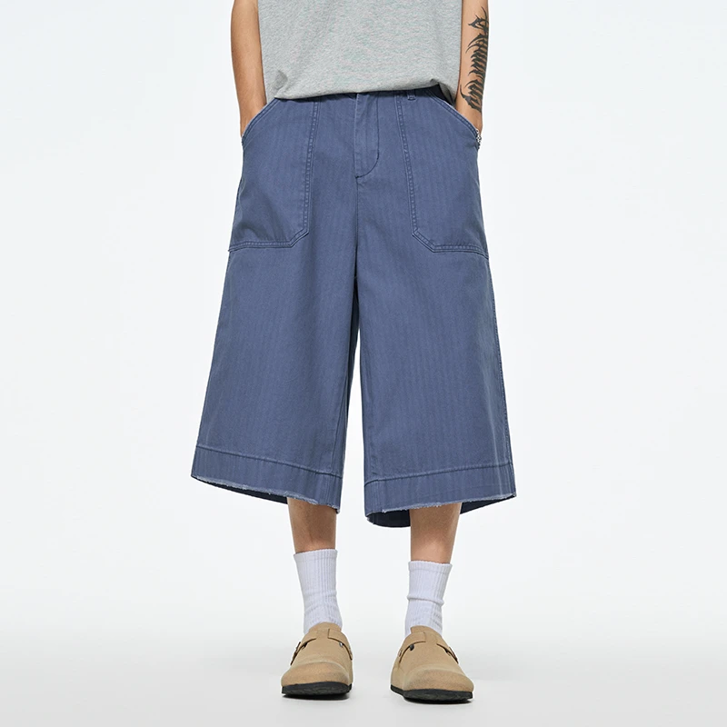 SFNT 复古做旧法工蓝口袋休闲七分短裤 美式街头国潮牌休闲男女