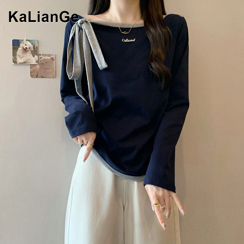 卡莲格/一字领蝴蝶结撞色长袖T恤女秋季胖mm时髦显瘦休闲气质上衣