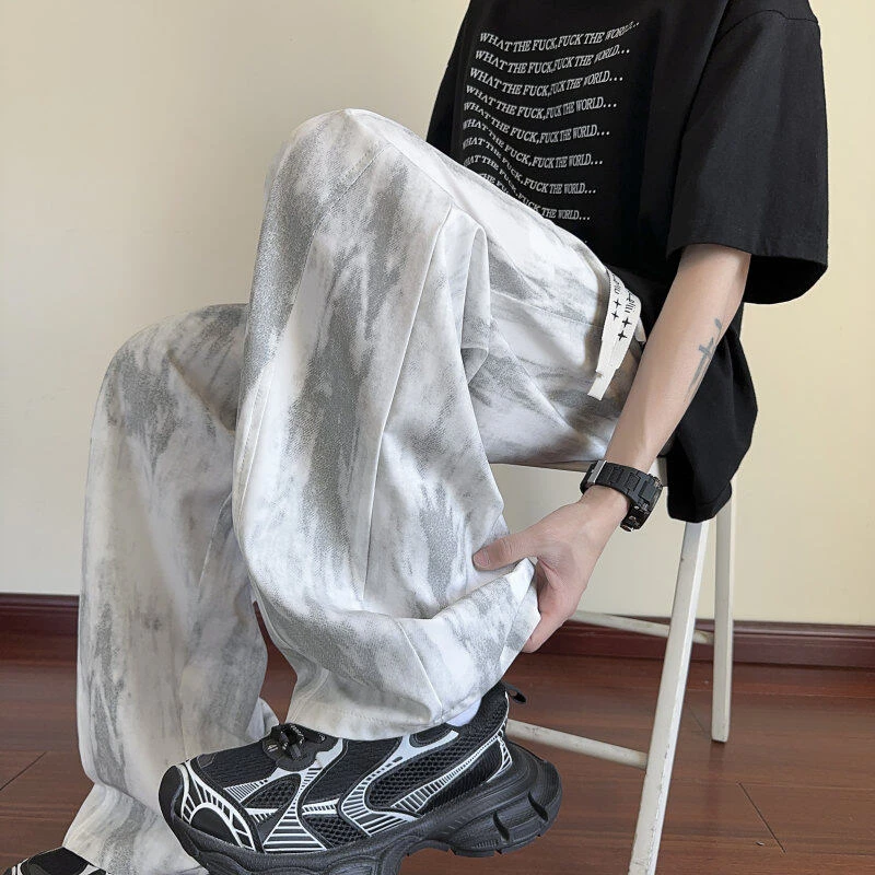 扎染弯刀冰丝裤子男夏季薄款宽松直筒休闲长裤潮牌凉感速干阔腿裤