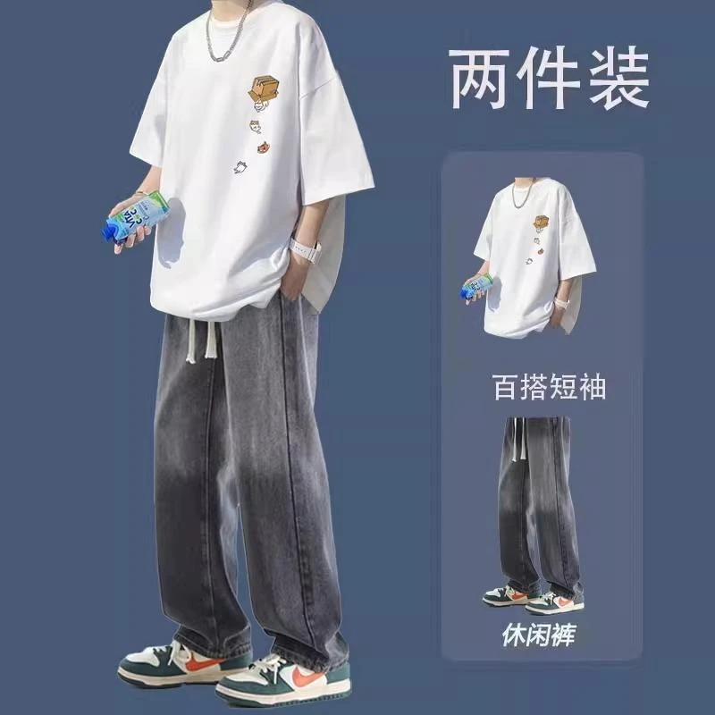 短袖长裤套装男春夏季痞帅港风穿搭男装T恤配牛仔裤休闲两件套酷