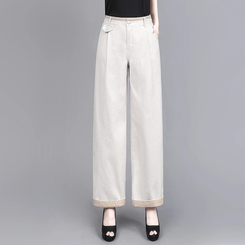 设计感双色牛仔裤女直筒休闲裤春夏季新款撞色高腰九分牛仔阔腿裤