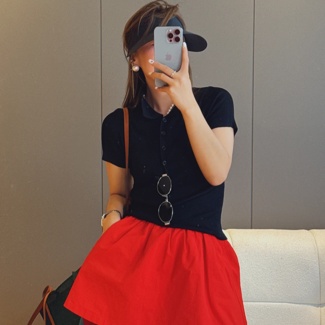 韩版夏季新款高弹翻领Polo款短袖针织衫