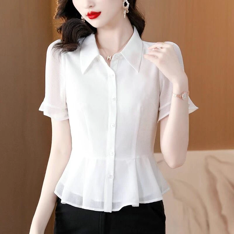 夏季新款修身减龄荷叶边遮肚翻领短袖衬衫女时尚洋气t恤小衫上衣