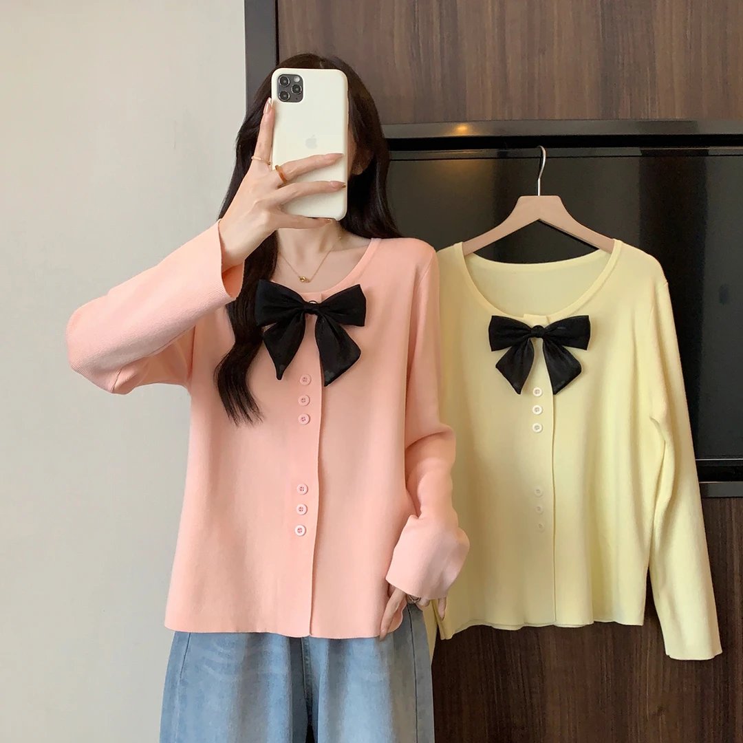 长清69109大码女装2024秋季新款减龄蝴蝶结针织开衫百搭毛衣