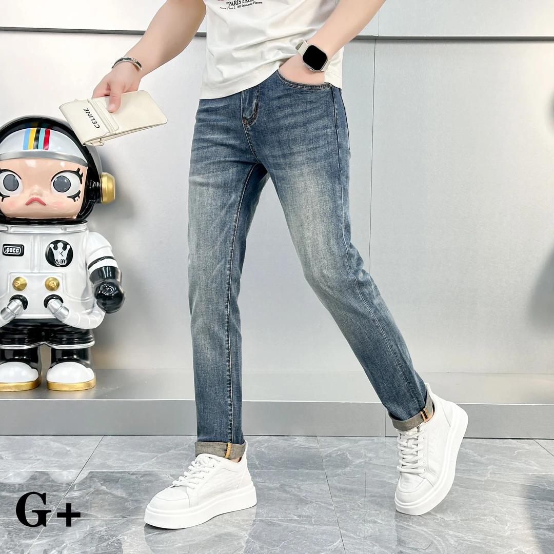 欧货2025年新款春夏季印花浅蓝色男士时尚牛仔裤修身弹力潮流裤子