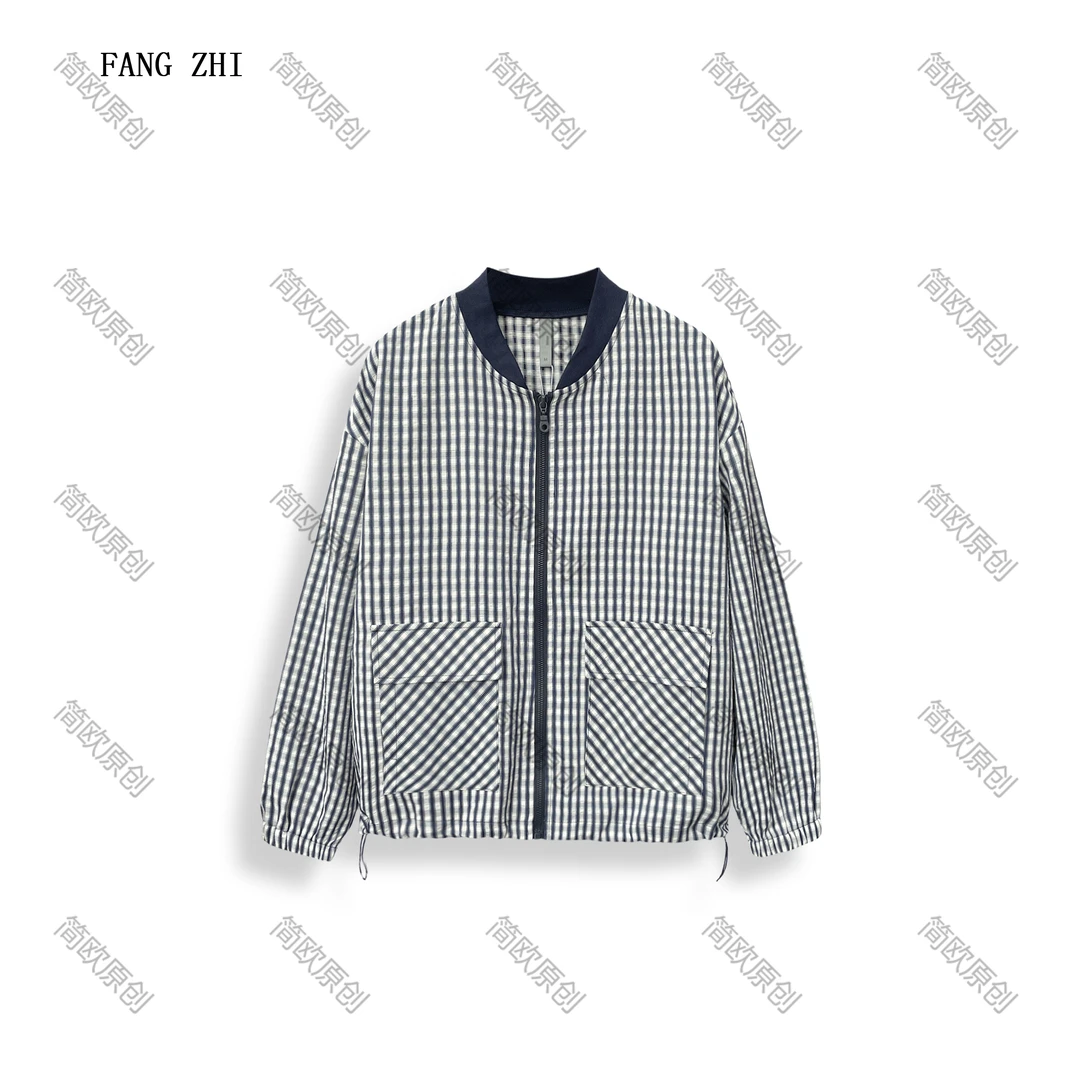 时尚拼接短外套气质条纹短款外套春季女装格子长袖宽松上衣 C4122