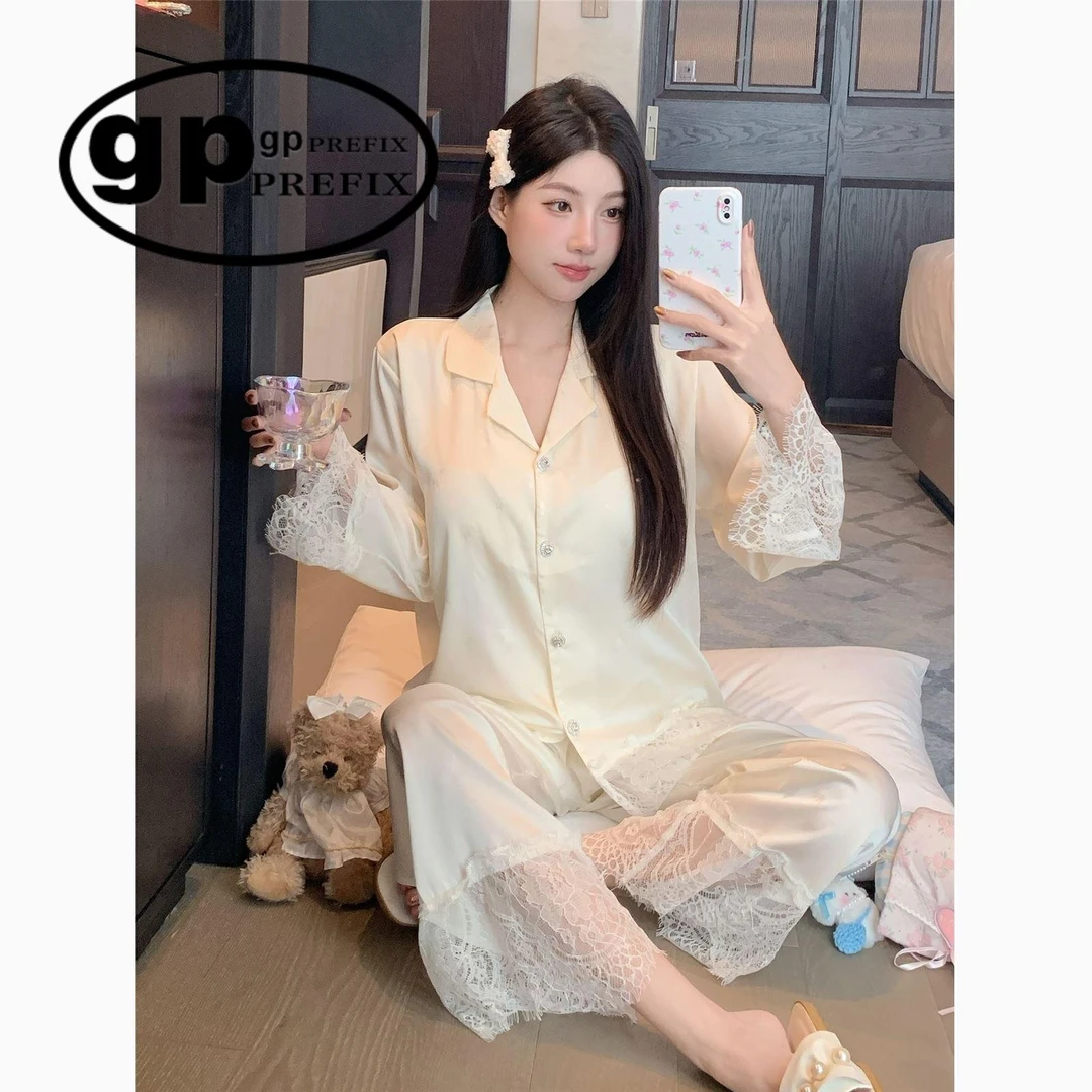 日系小众GP冰丝睡衣女款春秋夏季长袖蕾丝纯欲风带胸垫家居服套装