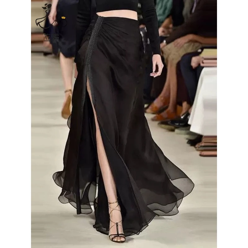 立赐欧洲站长款裙子女装夏季2025新款黑色时尚开叉高腰欧货长裙