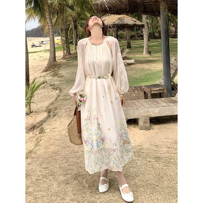 多巴胺超仙刺绣连衣裙女中长款2025夏季新款法式温柔风绝美初恋裙