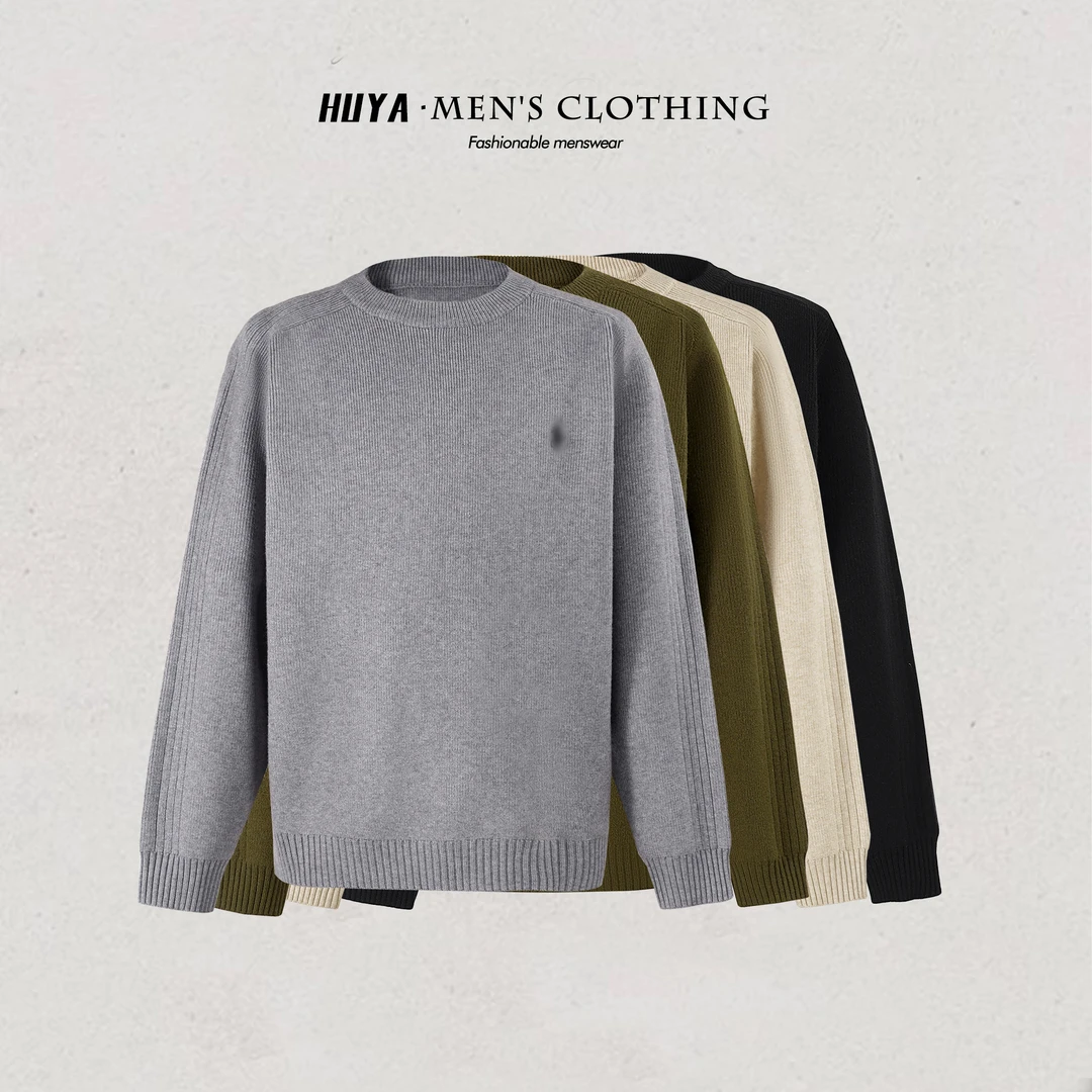 虎牙兄弟针织衫男款2025冬保暖骑马标纯色休闲百搭圆领毛衣M8120
