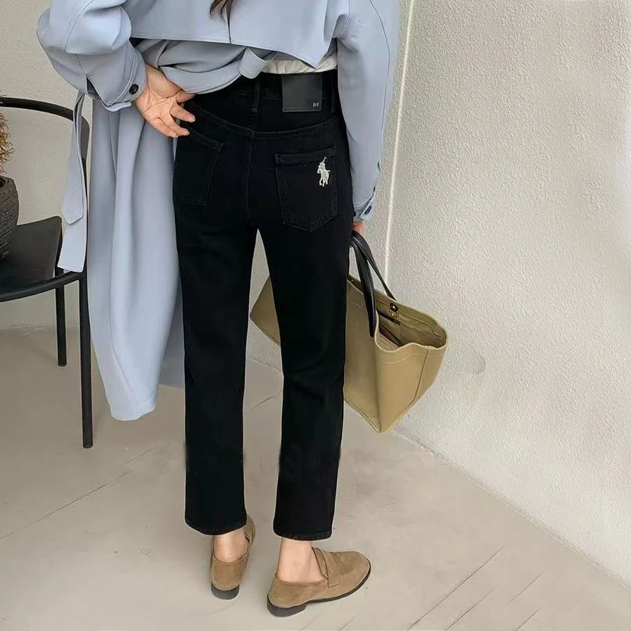 芭莎basha香港花牌修身显瘦时尚小直筒烟管高腰牛仔裤女9分小个子