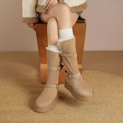 华耐两穿厚底雪地靴女2025冬季新款长筒加绒加厚保暖高筒东北棉鞋