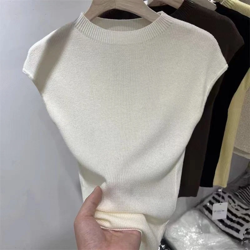 纯色百搭冰丝坑条针织衫短袖T恤女2025春夏新款修身显瘦洋气小衫