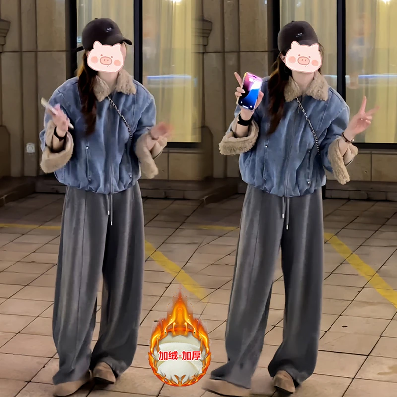 2025年冬季新款穿搭一整套拼接设计外套搭配显瘦休闲裤两件套女潮