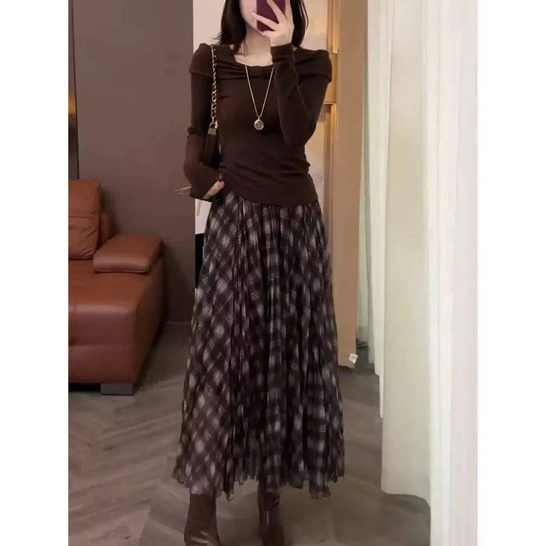 秋季新款慵懒风格纹不规则纱网半身裙女2025时尚休闲大摆A字长裙